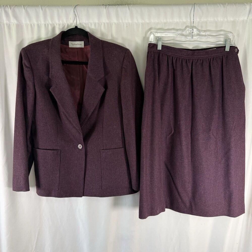 Evan Picone Wool Blend Set Women's Purple Blazer Skirt Long Sleeve Lined